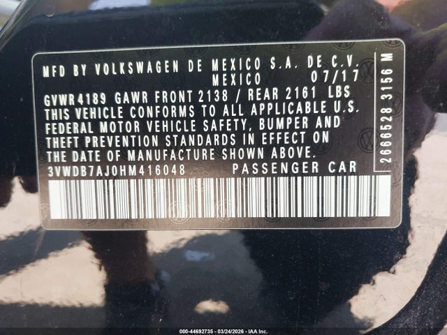 44692735 :رقم المزاد ، 3VWDB7AJ0HM416048 vin ، 2017 Volkswagen Jetta 1.4t Se مزاد بيع