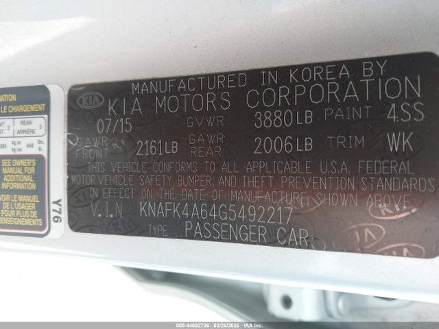 44692736 :رقم المزاد ، KNAFK4A64G5492217 vin ، 2016 Kia Forte Lx مزاد بيع