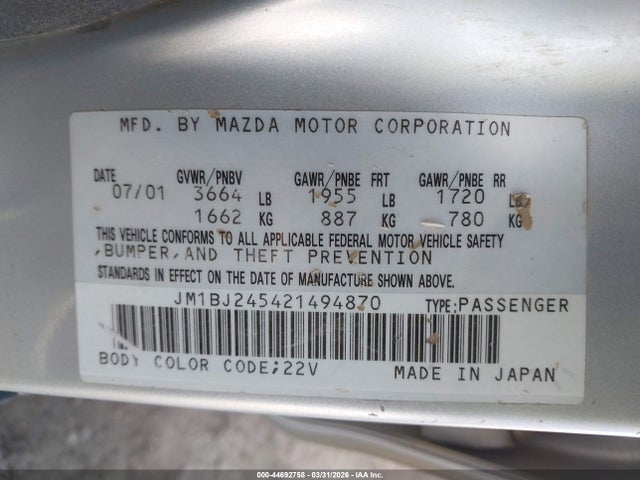 Aukcja sprzedaży 2002 Mazda Protege5, vin: JM1BJ245421494870, numer aukcji: 44692758