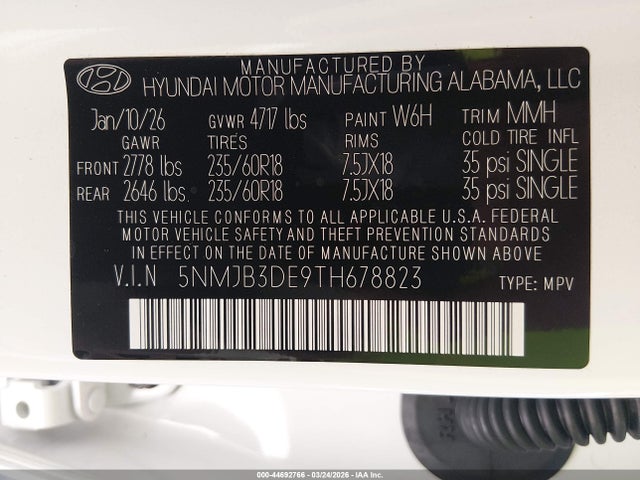 2026 Hyundai Tucson Sel მანქანა იყიდება აუქციონზე, vin: 5NMJB3DE9TH678823, აუქციონის ნომერი: 44692766