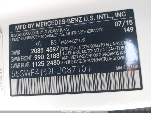 Aukcja sprzedaży 2015 Mercedes-benz C 300, vin: 55SWF4JB9FU087101, numer aukcji: 44692771