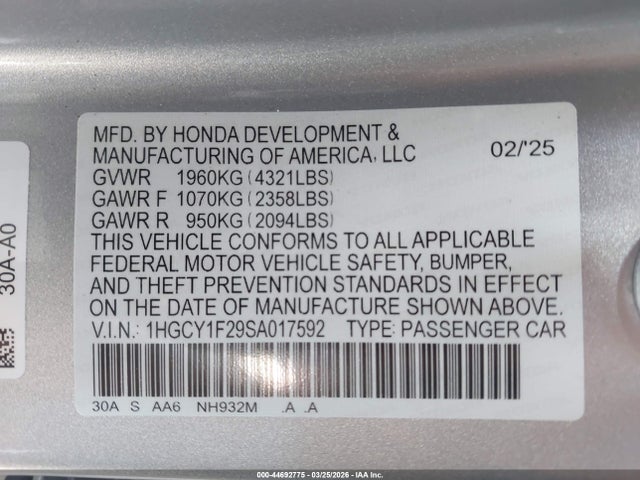 1HGCY1F29SA017592 Honda ACCORD LX