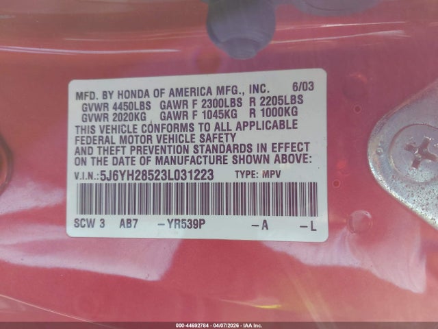 2003 HONDA ELEMENT 5J6YH28523L031223 Photo 8