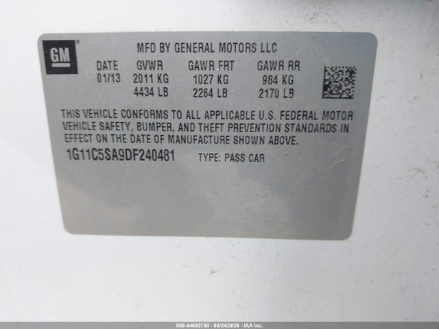 Aukcja sprzedaży 2013 Chevrolet Malibu 1lt, vin: 1G11C5SA9DF240481, numer aukcji: 44692788