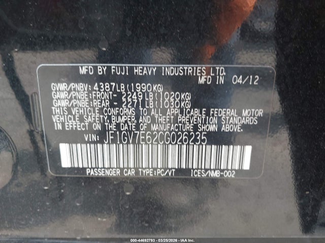 2012 Subaru Impreza Wrx მანქანა იყიდება აუქციონზე, vin: JF1GV7E62CG026235, აუქციონის ნომერი: 44692793
