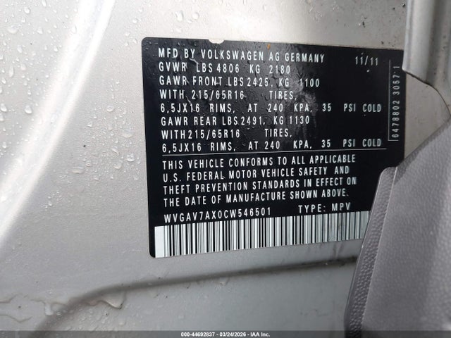 Продаж на аукціоні авто 2012 Volkswagen Tiguan S, vin: WVGAV7AX0CW546501, номер лоту: 44692837