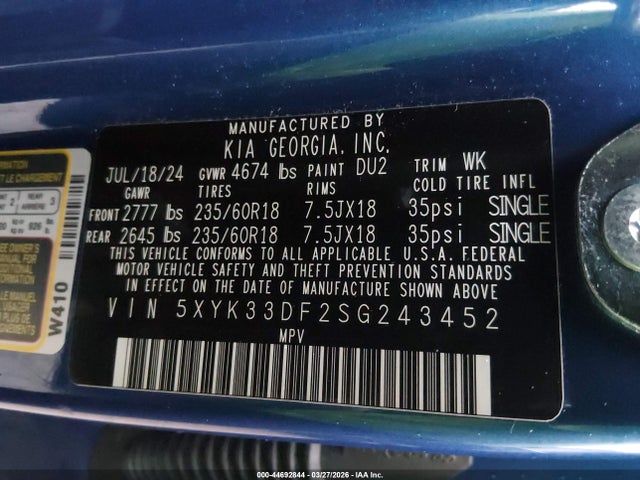 44692844 :رقم المزاد ، 5XYK33DF2SG243452 vin ، 2025 Kia Sportage Ex مزاد بيع
