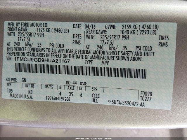 44692851 :رقم المزاد ، 1FMCU9GD9HUA21167 vin ، 2017 Ford Escape Se مزاد بيع