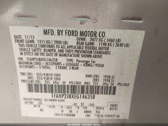 Продаж на аукціоні авто 2014 Ford Taurus Limited, vin: 1FAHP2J8XEG146358, номер лоту: 44692858