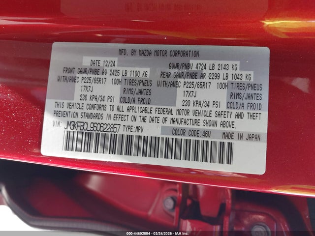 2025 Mazda Cx-5 2.5 S Preferred მანქანა იყიდება აუქციონზე, vin: JM3KFBCL9S0622857, აუქციონის ნომერი: 44692884