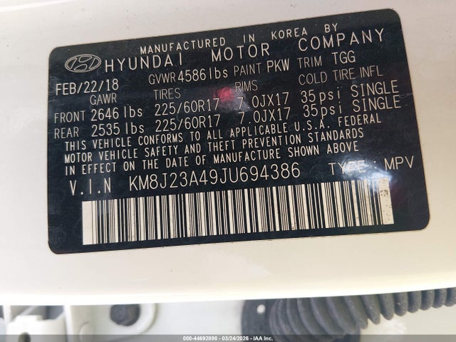 2018 Hyundai Tucson Se მანქანა იყიდება აუქციონზე, vin: KM8J23A49JU694386, აუქციონის ნომერი: 44692898