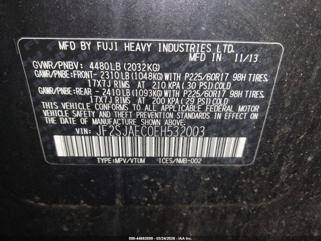 2014 Subaru Forester 2.5i Premium მანქანა იყიდება აუქციონზე, vin: JF2SJAEC0EH532003, აუქციონის ნომერი: 44692899