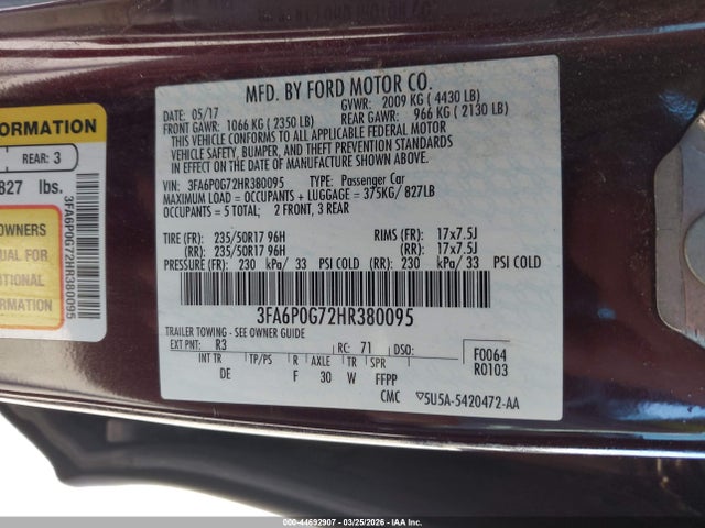 Ford FUSION S 2017 3FA6P0G72HR380095 Image 9