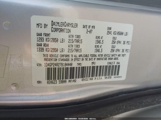 Продажа на аукционе авто 2007 Dodge Grand Caravan Se, vin: 1D4GP24R27B184440, номер лота: 44692908