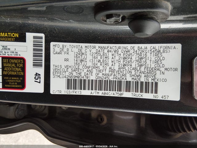 Aukcja sprzedaży 2009 Toyota Tacoma Base V6, vin: 3TMLU42N69M034701, numer aukcji: 44692917
