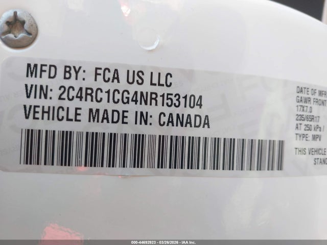 44692923 :رقم المزاد ، 2C4RC1CG4NR153104 vin ، 2022 Chrysler Voyager Lx مزاد بيع