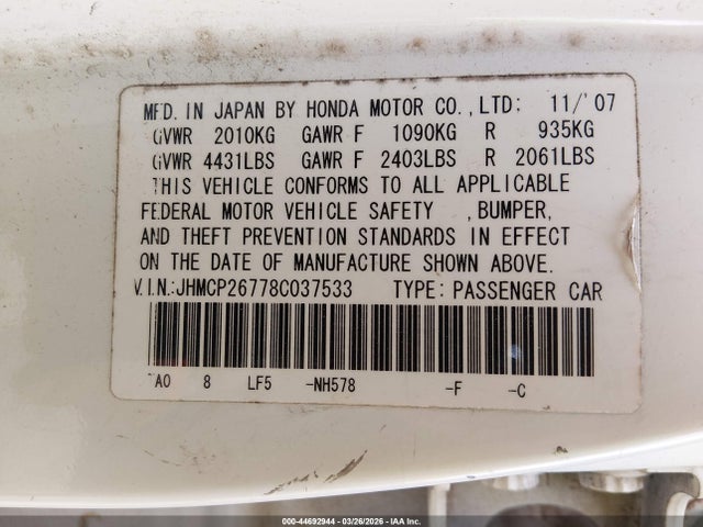 44692944 :رقم المزاد ، JHMCP26778C037533 vin ، 2008 Honda Accord 2.4 Ex مزاد بيع