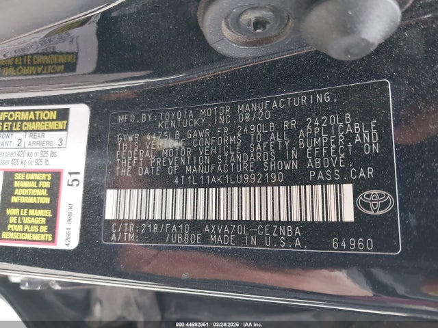 Продаж на аукціоні авто 2020 Toyota Camry Le, vin: 4T1L11AK1LU992190, номер лоту: 44692951
