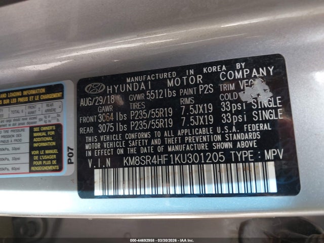 44692958 :رقم المزاد ، KM8SR4HF1KU301205 vin ، 2019 Hyundai Santa Fe Xl Limited Ultimate مزاد بيع