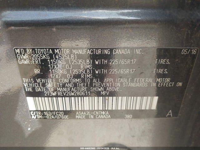 Auction sale of the 2016 Toyota Rav4 Xle, vin: 2T3WFREV2GW280611, lot number: 44692965