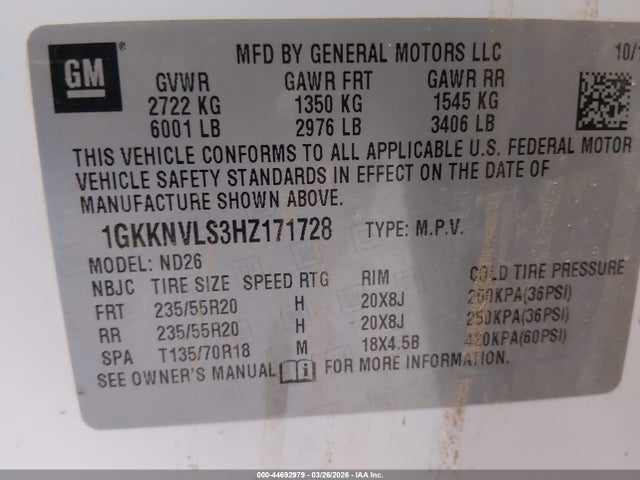 Aukcja sprzedaży 2017 Gmc Acadia Slt-1, vin: 1GKKNVLS3HZ171728, numer aukcji: 44692979