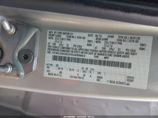 Продаж на аукціоні авто 2017 Ford Escape Se, vin: 1FMCU0GDXHUA89683, номер лоту: 44692990