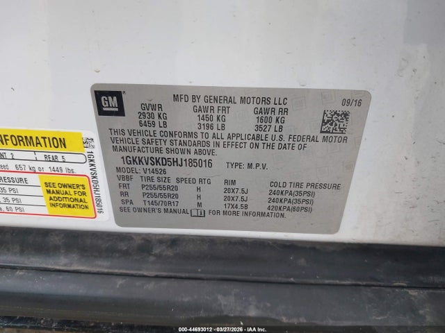 Auction sale of the 2017 Gmc Acadia Limited, vin: 1GKKVSKD5HJ185016, lot number: 44693012