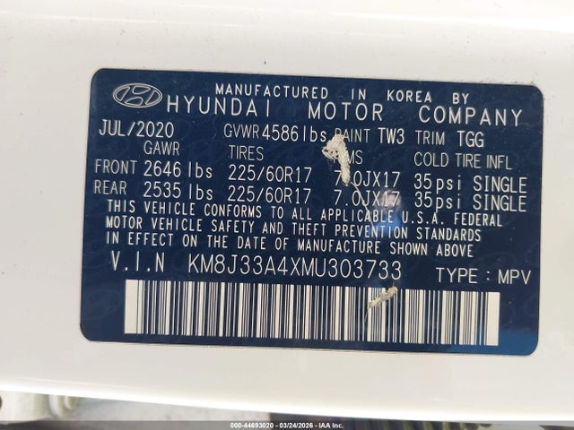 Продажа на аукционе авто 2021 Hyundai Tucson Value, vin: KM8J33A4XMU303733, номер лота: 44693020