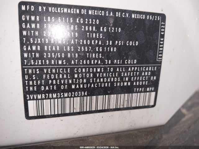 44693029 :رقم المزاد ، 3VVMR7RM3SM020394 vin ، 2025 Volkswagen Tiguan 2.0t Se مزاد بيع
