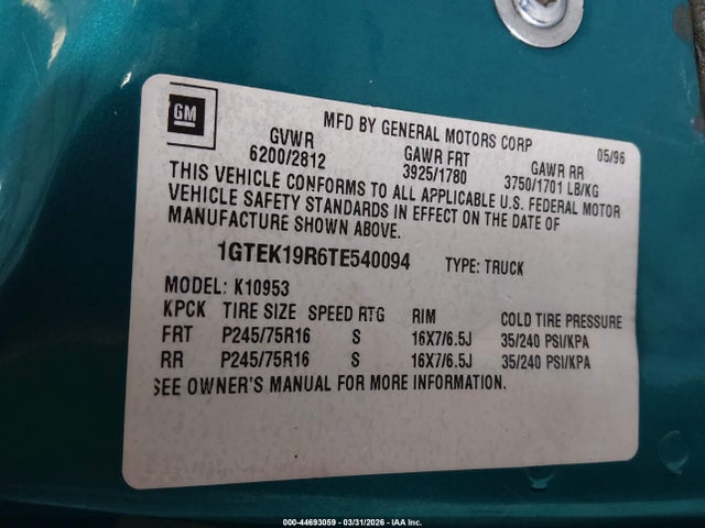 Aukcja sprzedaży 1996 Gmc Sierra K1500, vin: 1GTEK19R6TE540094, numer aukcji: 44693059