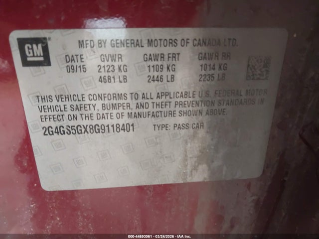 44693061 :رقم المزاد ، 2G4GS5GX8G9118401 vin ، 2016 Buick Regal Turbo Premium Ii مزاد بيع