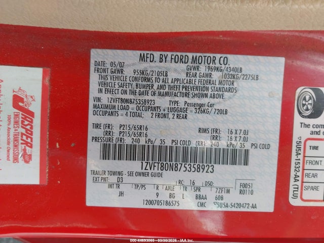 Aukcja sprzedaży 2007 Ford Mustang V6 Deluxe/v6 Premium, vin: 1ZVFT80N875358923, numer aukcji: 44693065