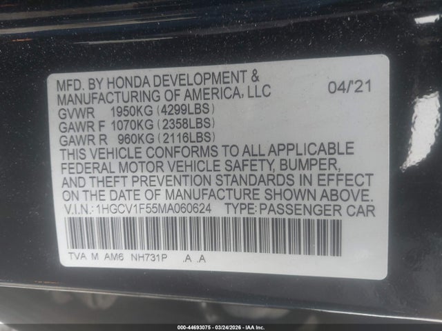 1HGCV1F55MA060624 Honda Accord Ex-l