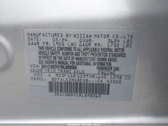 Nissan Versa 1.6 S 2024 3N1CN8DV1RL898565 Image 9