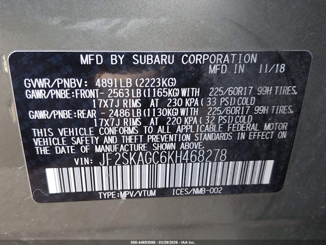 Продаж на аукціоні авто 2019 Subaru Forester Premium, vin: JF2SKAGC6KH468278, номер лоту: 44693086