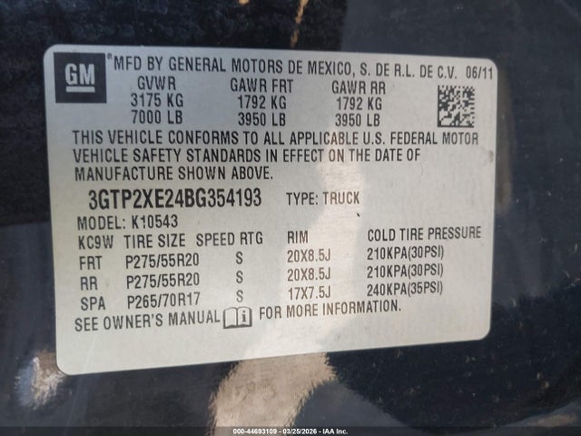 2011 Gmc Sierra 1500 Denali მანქანა იყიდება აუქციონზე, vin: 3GTP2XE24BG354193, აუქციონის ნომერი: 44693109
