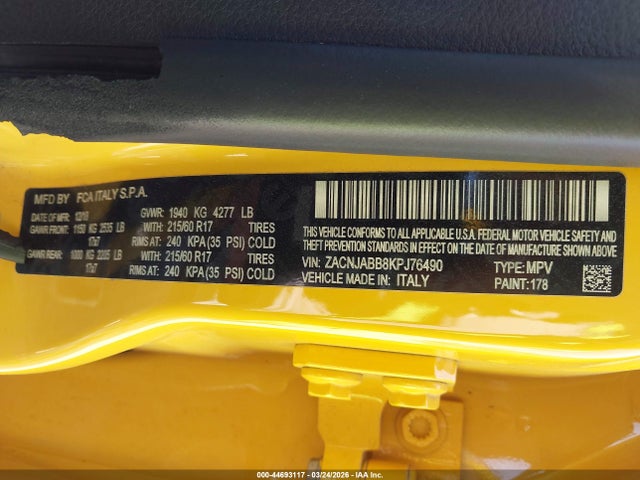 2019 Jeep Renegade Latitude Fwd მანქანა იყიდება აუქციონზე, vin: ZACNJABB8KPJ76490, აუქციონის ნომერი: 44693117
