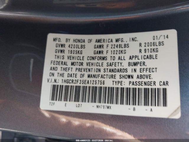 Honda ACCORD LX 2014 1HGCR2F35EA125756 Image 9