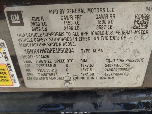 Продаж на аукціоні авто 2014 Chevrolet Traverse 2lt, vin: 1GNKVHKD6EJ350394, номер лоту: 44693135