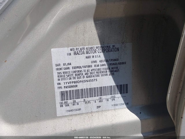 Продаж на аукціоні авто 2004 Mazda Mazda6 S, vin: 1YVFP80D945N45575, номер лоту: 44693138