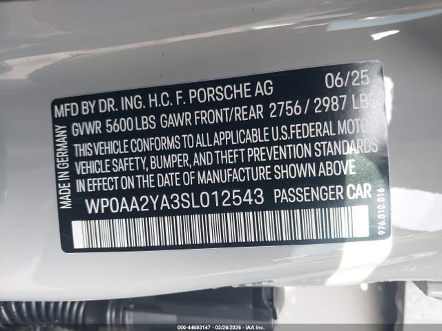 Продаж на аукціоні авто 2025 Porsche Panamera 4, vin: WP0AA2YA3SL012543, номер лоту: 44693147