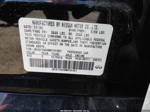 44693153 :رقم المزاد ، JN1EV7ARXMM750357 vin ، 2021 Infiniti Q50 Pure Awd مزاد بيع