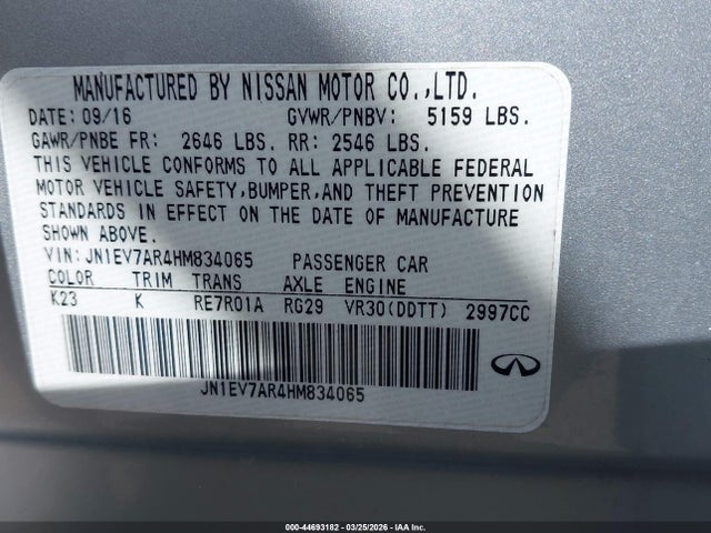 2017 Infiniti Q50 3.0t Premium მანქანა იყიდება აუქციონზე, vin: JN1EV7AR4HM834065, აუქციონის ნომერი: 44693182