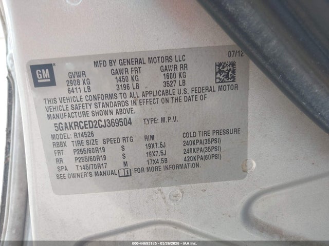 Aukcja sprzedaży 2012 Buick Enclave Leather, vin: 5GAKRCED2CJ369504, numer aukcji: 44693185