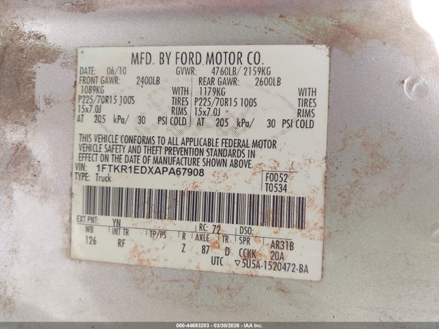 44693203 :رقم المزاد ، 1FTKR1EDXAPA67908 vin ، 2010 Ford Ranger Xl/xlt مزاد بيع
