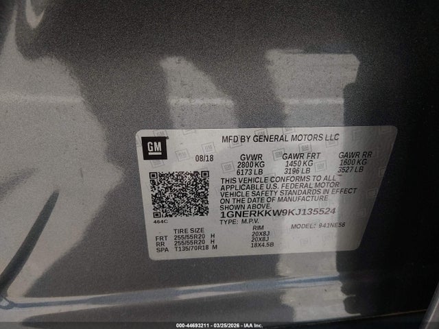 Aukcja sprzedaży 2019 Chevrolet Traverse Premier, vin: 1GNERKKW9KJ135524, numer aukcji: 44693211