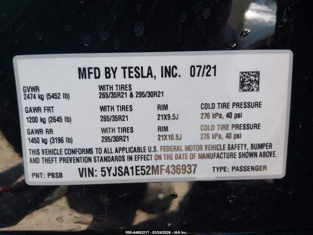 2021 TESLA MODEL S 5YJSA1E52MF436937 Photo 8