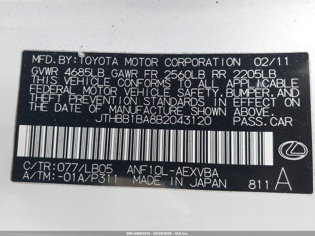 44693224 :رقم المزاد ، JTHBB1BA8B2043120 vin ، 2011 Lexus Hs 250h مزاد بيع