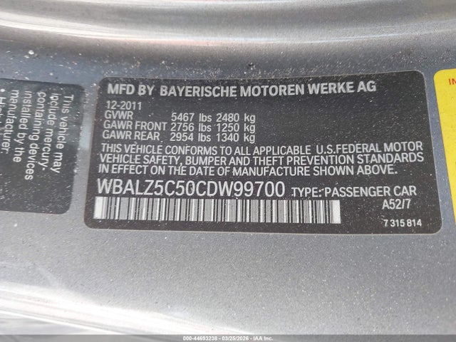 Aukcja sprzedaży 2012 Bmw 650i Xdrive, vin: WBALZ5C50CDW99700, numer aukcji: 44693238