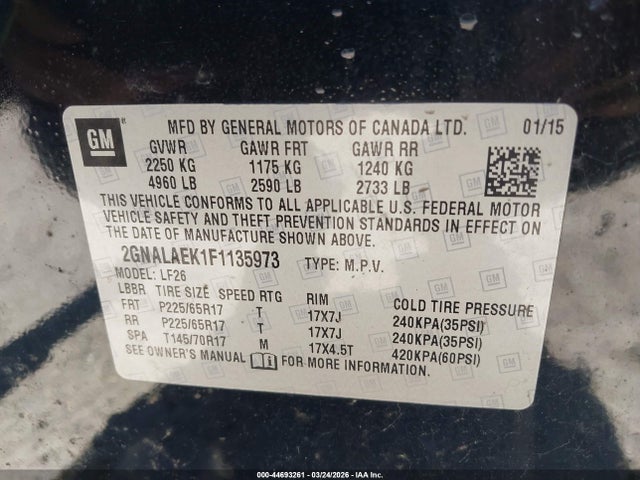 44693261 :رقم المزاد ، 2GNALAEK1F1135973 vin ، 2015 Chevrolet Equinox Ls مزاد بيع